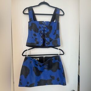 Blue and Black Lace-Up Crop Top and Skirt Set